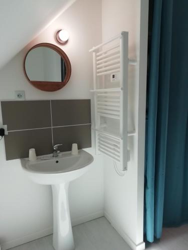 une salle de bain avec un lavabo et un miroir dans l'établissement Les gîtes du petit Marcel, à Soudan