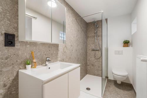 een badkamer met een witte wastafel en een toilet bij Cosy, furnished & renovated flat with outside lounge in Gent