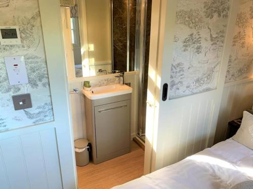 a small bathroom with a sink and a mirror at Luxury Shepherds Hut with Superb Views & Fire Pit & walking distance to a superb Gastro Pub in Lamerton