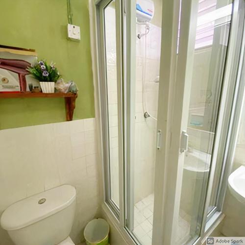 Un baño con inodoro y ducha de cristal. en Seacastle Deluxe Studio, en Montego Bay