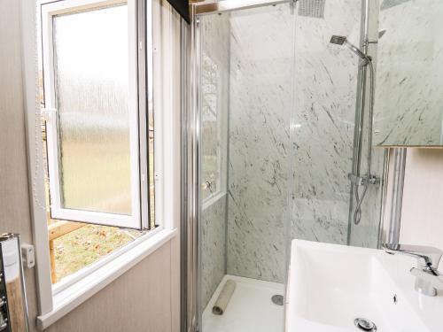 a bathroom with a shower and a sink and a window at Hillside Lodge in Rhayader