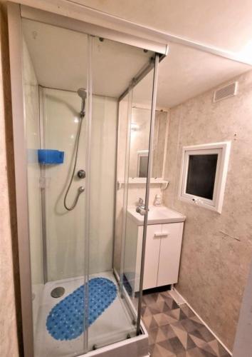 une douche avec une porte vitrée dans une salle de bain dans l'établissement La belle Perrochoise 2 mobilhome, à La Cotinière