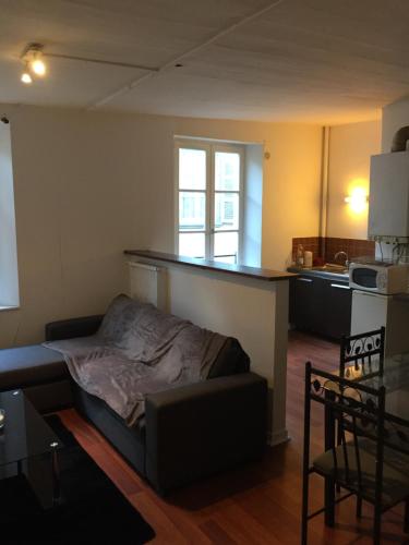 a living room with a couch and a kitchen at Victor Hugo 2G et sa pizza offerte in Aurillac