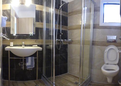 a bathroom with a shower and a sink and a toilet at Nidri Zone in Nydri