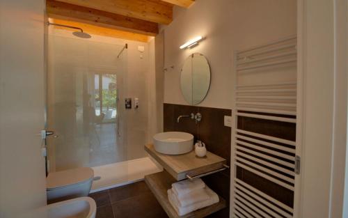 La salle de bains est pourvue d'un lavabo et d'une douche avec un miroir. dans l'établissement Nuovo B&B WhyNot? a Vicenza, à Vicence