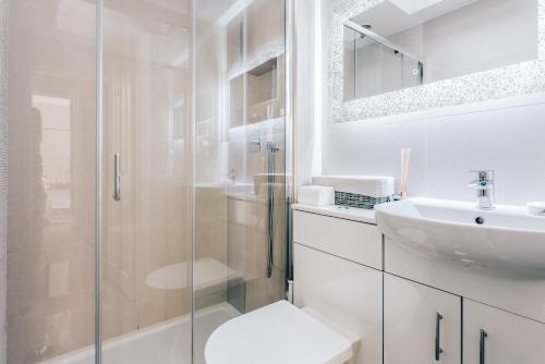 a bathroom with a shower and a toilet and a sink at Luxury Inverness central apartment private parking in Inverness