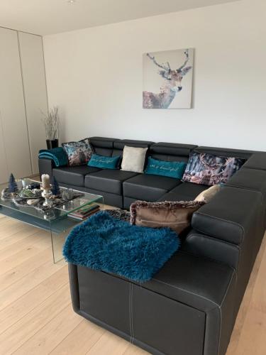 a living room with a black couch and a glass table at Villa Le Brame in Ciney