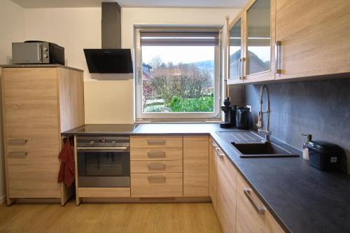 uma cozinha com um lavatório e uma janela em Ferienwohnung Eschenberg em Winterberg