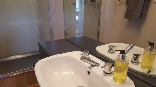 a bathroom with a white sink and a mirror at Akaroa Waterfront Motels in Akaroa