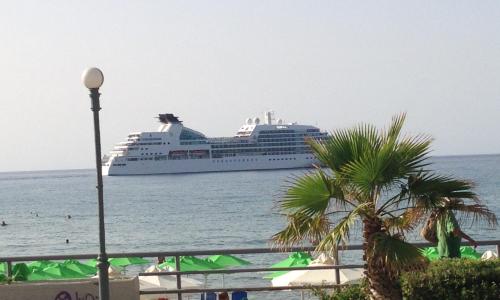 a cruise ship in the ocean with a palm tree at Swell Boutique Hotel in Rethymno Town