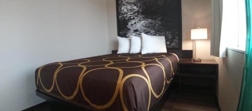 a hotel room with a bed in a room at Super 8 by Wyndham Greeley in Greeley