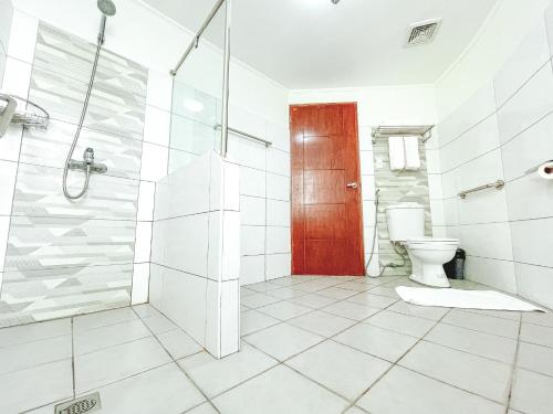 La salle de bains est pourvue d'une douche, de toilettes et d'une porte rouge. dans l'établissement Hotel Sentro Legazpi, à Legazpi