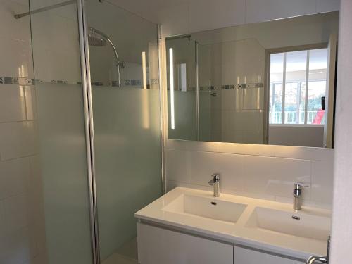 une salle de bain avec un lavabo, une douche et un miroir dans l'établissement T3 Arcachon centre proche plage, à Arcachon