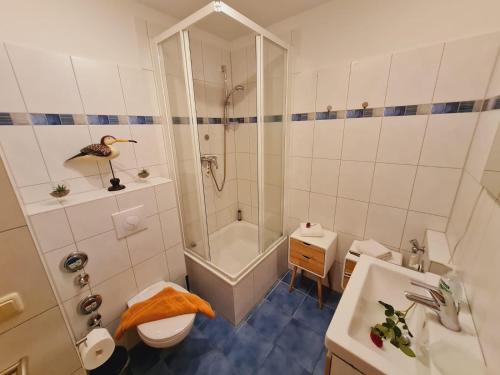 uma casa de banho com um chuveiro, um WC e um lavatório. em Strandläufer Villa Rosita mit Garten em Rerik