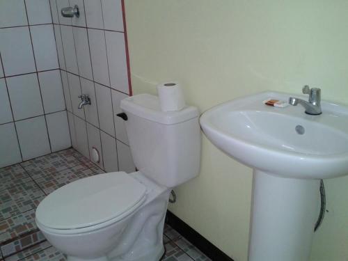 a bathroom with a toilet and a sink at Hotel Costa del Sol in Puerto Limón
