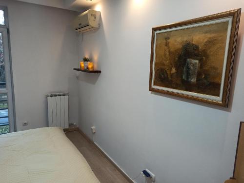 a bedroom with a bed and a painting on the wall at Bulevar Star Apartment in Belgrade