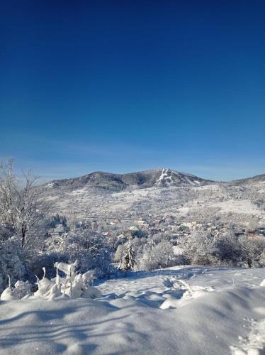 a snow covered hill with a city in the distance at Ecottage котедж для двох у горах із чаном-джакузі in Slavske