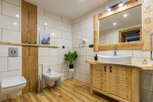 ein Badezimmer mit einem Waschbecken, einem WC und einem Spiegel in der Unterkunft Apartamenty Chłabówka in Zakopane