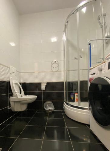 a bathroom with a shower and a toilet and a sink at Apartman 2 Old Bridge view in Mostar