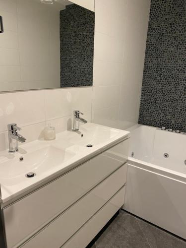 a white bathroom with a sink and a mirror at Le Gîte de Lancelot avec balnéo City Center in Sens