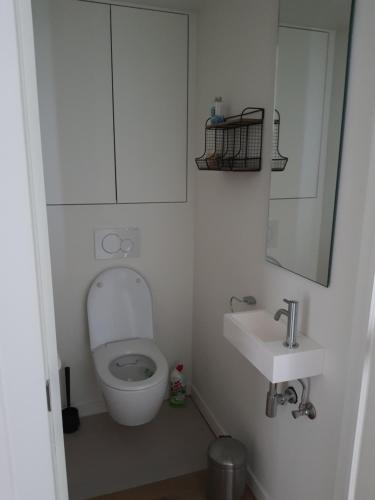 Baño pequeño con aseo y lavamanos en Koksijde Zeedijk La Digue 101 appartement - frontaal zeezicht - adult only, en Koksijde