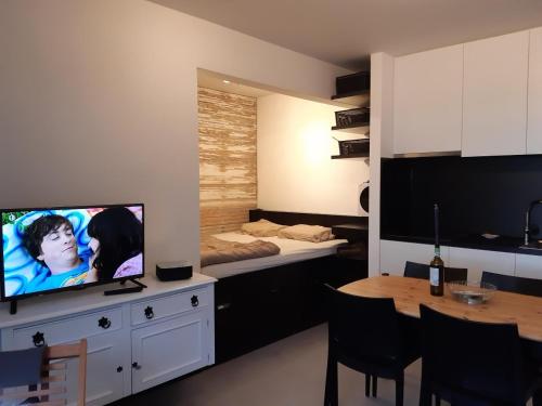 - un salon avec une télévision, un lit et une table dans l'établissement Prachtig Zeezicht Westcorner, à Middelkerke