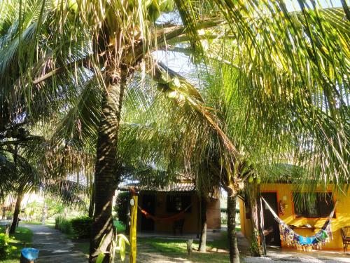 a house with a hammock between two palm trees at Hotel Enseada Maracajaú in Maracajaú