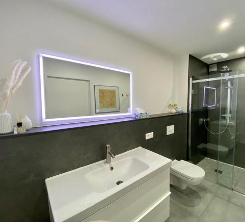 ein Badezimmer mit einem Waschbecken, einem WC und einem Spiegel in der Unterkunft Appartement Sterne in Senftenberg
