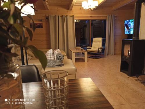 a living room with a couch and a tv at Dom Królewski Róg in Giżycko
