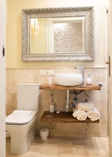 a bathroom with a toilet and a sink and a mirror at innCádizPalacio Conde Casa-Brunet in Cádiz
