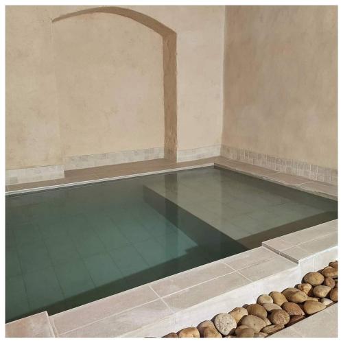 une chambre vide avec une piscine d'eau et de bûches dans l'établissement La Vigneronne des Costières, à Vauvert