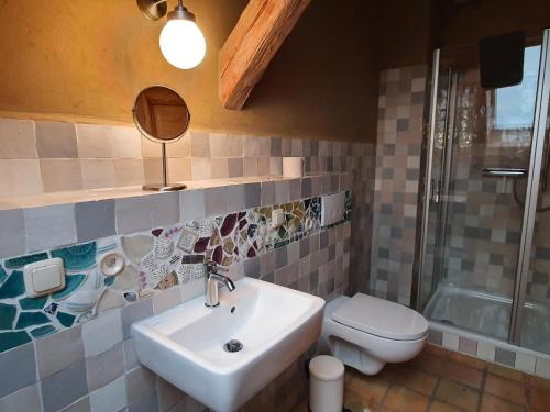 a bathroom with a sink and a toilet at Scheune 27 Krebsow in Krebsow