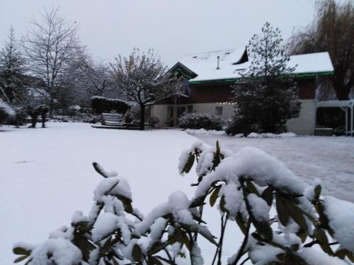 a house covered in snow in a yard at Chalet La Bachole in Charancieu