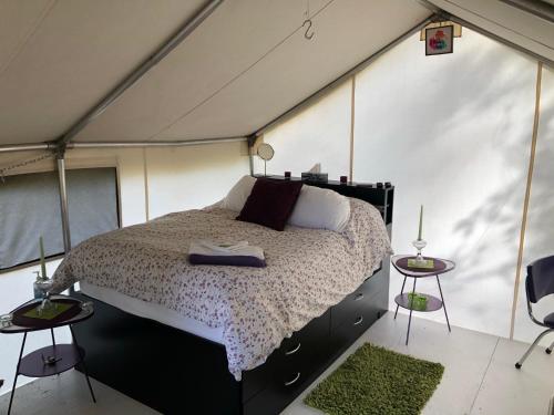 1 dormitorio con 1 cama grande en una tienda de campaña en Vines and Puppies Glamping Hideaway, en Jade City