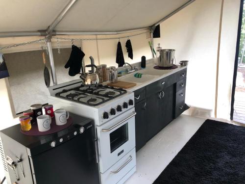 a kitchen with a stove top oven in a tent at Vines and Puppies Glamping Hideaway in Jade City