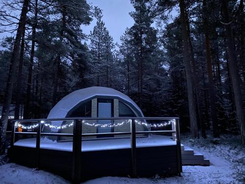a tent in the woods with snow and lights at Pokemaja Nõva männimetsas in Rannaküla