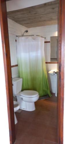 a bathroom with a toilet and a green shower curtain at Ancora in Punta Del Diablo