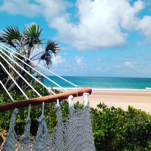a beach with a hammock and a palm tree and the ocean at Pura Vida Tofo Beach Houses in Praia do Tofo