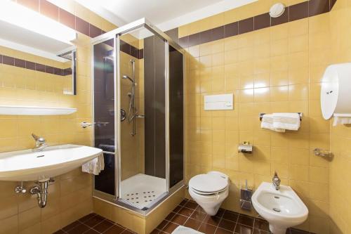 a bathroom with a sink and a toilet and a shower at GARNI AQUILA in Corvara in Badia