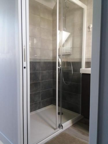 a shower with a glass door in a bathroom at Gîte de Rosvern in Commana