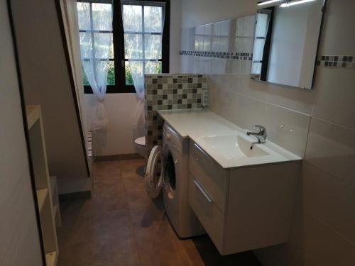 een badkamer met een wastafel en een wasmachine bij Payrac LOT in Payrac