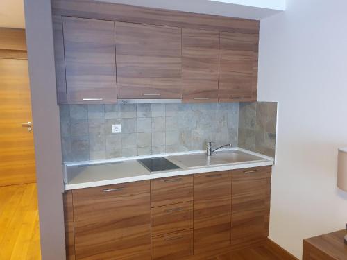 a kitchen with wooden cabinets and a sink at Apartment B326 - Aparthotel Vučko in Jahorina