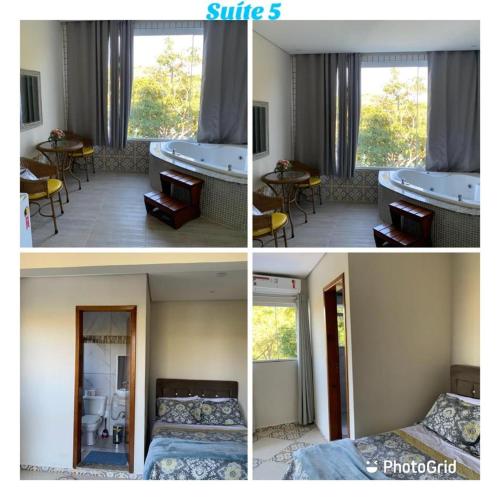 four pictures of a room with a bed and a bathtub at Pousada Paraiso de Igaratá in Igaratá