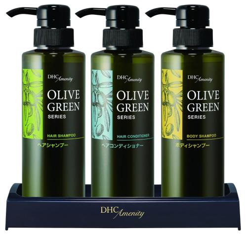 a group of three bottles of olive green cosmetics at Day Nice Hotel Tokyo in Tokyo