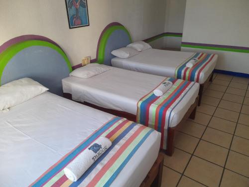 a room with three beds in a room at Pargos Hotel & Cowork in Puerto Escondido