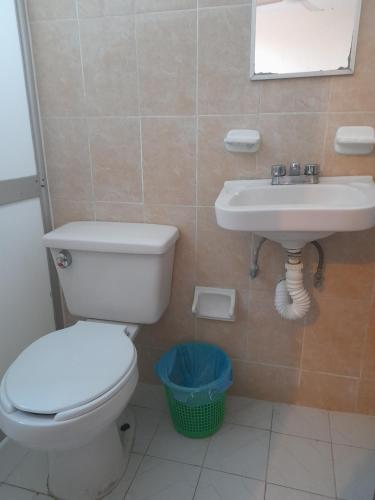 a bathroom with a toilet and a sink at Pargos Hotel & Cowork in Puerto Escondido