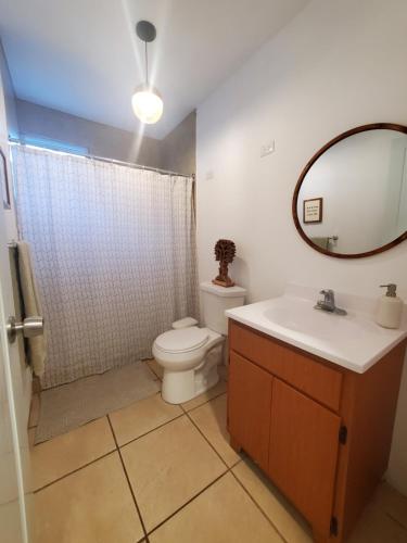 y baño con aseo, lavabo y espejo. en Aguadilla Waves Apt with electricity water AC WIFI 8 minute walk from Crashboat beach en Aguadilla