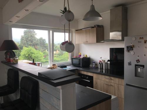 une cuisine avec un comptoir et un réfrigérateur dans l'établissement 2 Pièces - Quartier Calme - Parking gratuit, à Metz