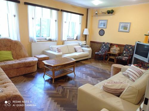 a living room with couches and chairs and a tv at Penzion Poslední míle in Milovy