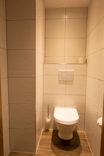 a bathroom with a white toilet in a room at Gasthof Dreiländereck in Schwarzenberg am Bohmerwald